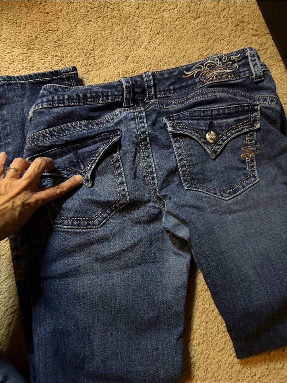 Seven7 Dark Blue Boot Cut Jeans with Embroidered Back Pockets